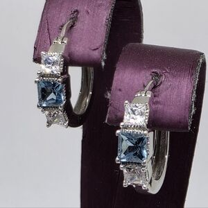Sterling Silver 925 Hoop Earrings Blue Clear Princess 3-Stone Prong Set Pierced